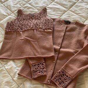 Wool Cardigan & Tank Top Twin Matching Set Embroidered Accent Light Pink Small
